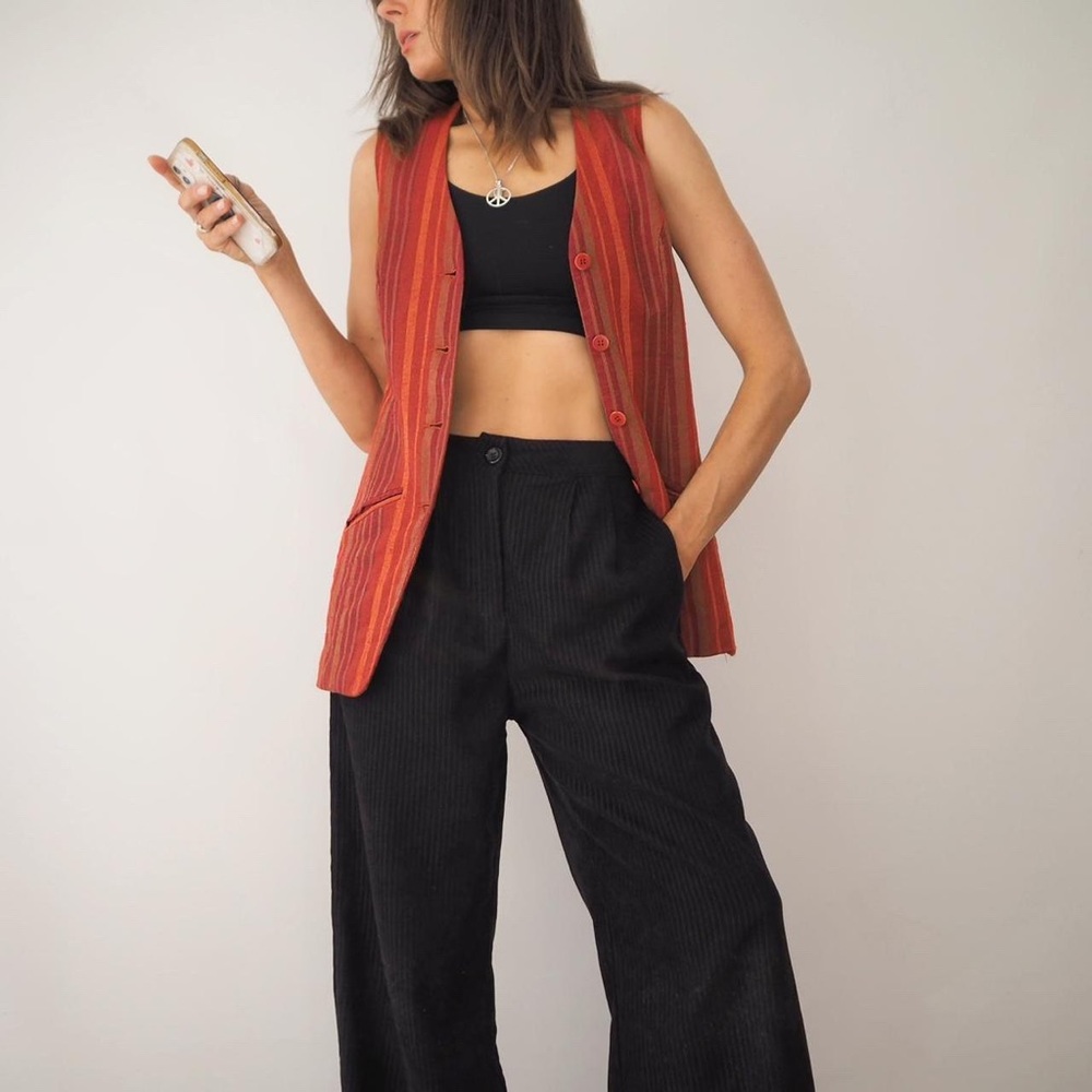 VINTAGE 90’s RED-ORANGE STRIPE LINEN-BLEND LONGLINE WAISTCOAT VEST - Picture 3 of 7